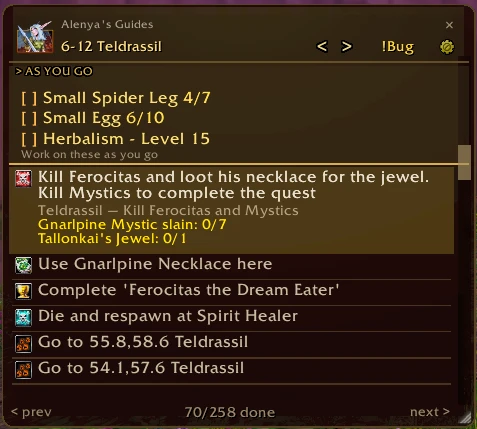 The Alenya's Guides window in game, showing the current step highlighted and a sticky to-do list