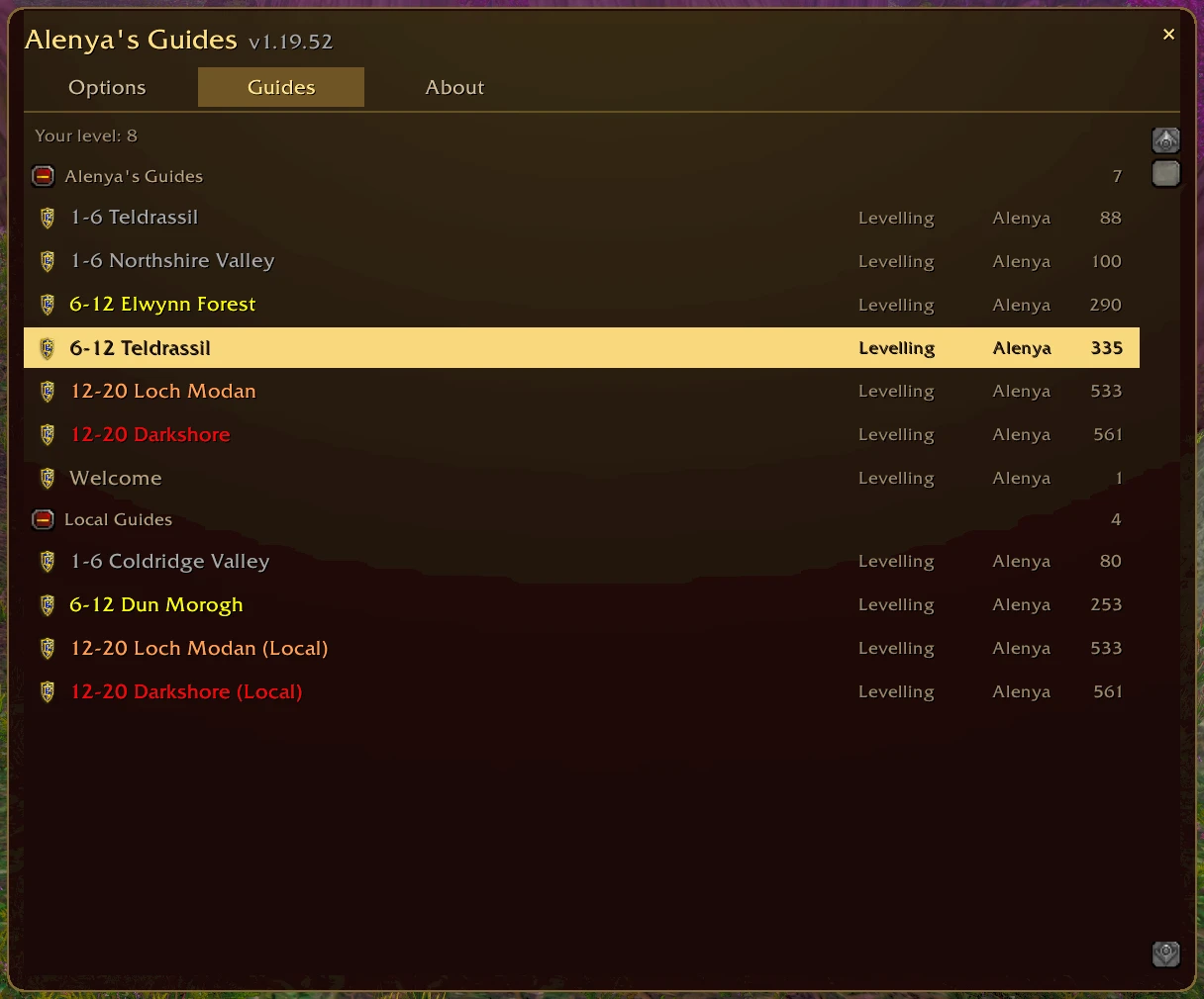 The in-game guide picker listing every guide, colour-coded by level