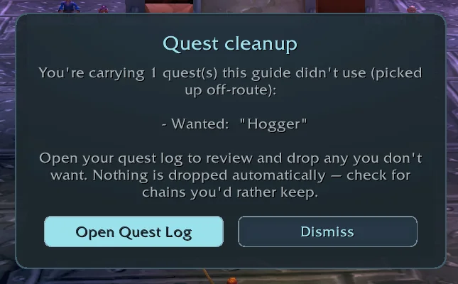 The quest cleanup dialog listing a quest the guide didn't use, with buttons to open the quest log or dismiss
